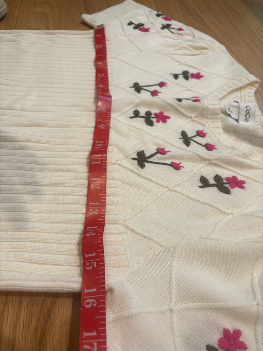 CeCe Cream Short-Sleeve Knit Top with Pink Floral Embroidery - Picture 4 of 4